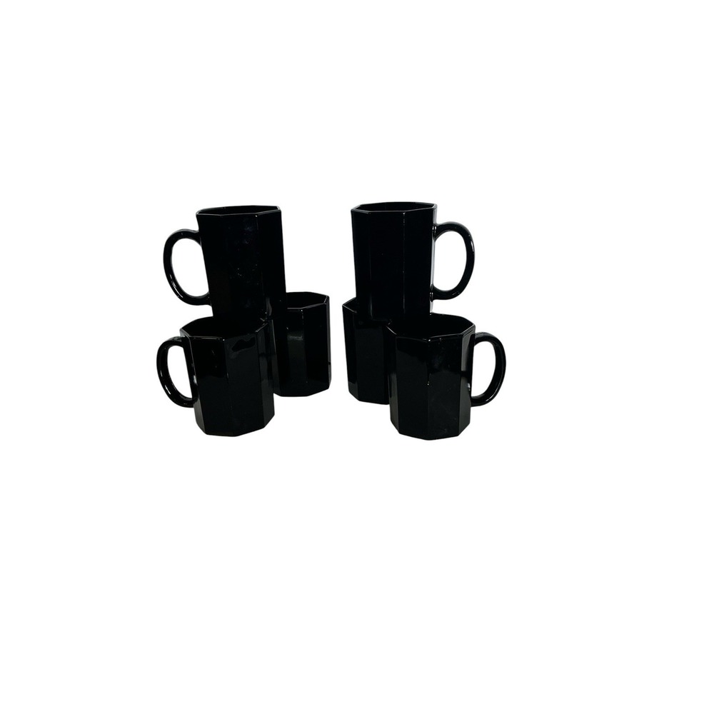 Set of 6 Vintage Black Glass Arcoroc Octime France Octagon Coffee Mugs Cups 8oz
